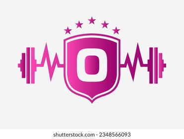 Letter O Gym Fitness Logo Design Concept With Barbell Shield and Start Icon. Bodybuild Gym Symbol