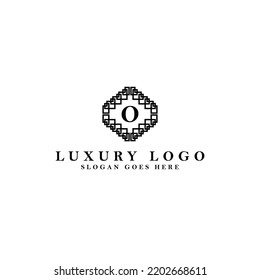 Letter O initial based vector logo. Serif letter logo within complex line art frame. Logo for luxury product, jewelry, fashion, beauty, and company.