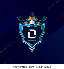 Letter O - Initial logo E-Sport with decoration of sword, shield, and weapon. Perfect for gamer brand, squad, etc.