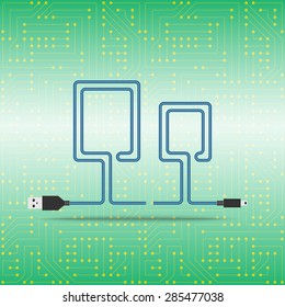 Letter O laid cable. USB blue cable, vector illustration. Background microchip