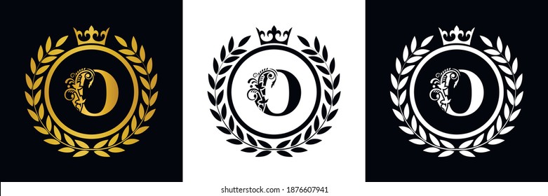 Letter O laurel wreath template logo Luxury gold letter with crown. Monogram alphabet . Beautiful royal initials letter.	