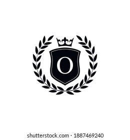  Letter O laurel wreath template logo Luxury shield letter with crown. Monogram alphabet . Beautiful royal initials letter.