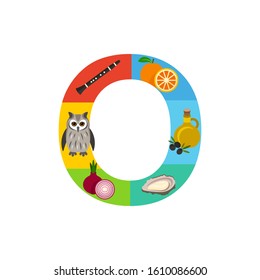 Letter O learning poster for kids. Alphabet for preschool and primary school education.