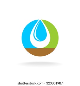 Letter O with liquid water drop logo. Sky, nature and soil colors. Overlay style.