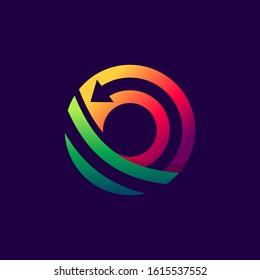 Letter O logo with arrow inside. Vector bright colours typeface for delivery labels, business headlines, finance posters, sport cards etc.