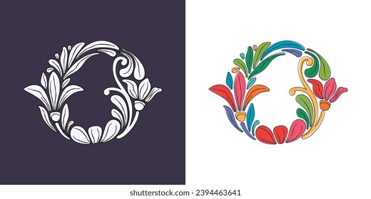 Letter O logo with botanical and flower pattern. Traditional leaves and curved lines embroidery ornament. Icon for wedding ceremony, vintage greeting cards, birthday identity and party invitations.