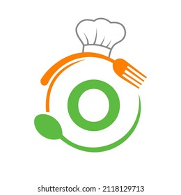 Letter O Logo With Chef Hat, Spoon And Fork For Restaurant Logo. Restaurant Logotype On Letter O Spoon And Fork Concept