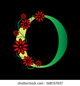 Letter O Logo Design Concept with Red Flowers Isolated on Black Background