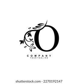 letter O logo design with flowers, leaves and black feathers in a beautiful and elegant style. monogram O. typography O. initial O logo. suitable for, business, wedding, boutique, company, hotel, etc