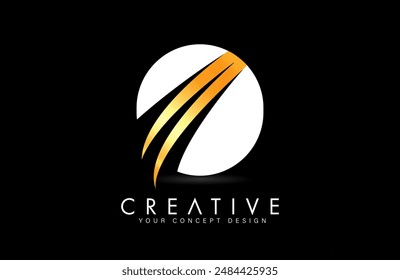 Letter O o Logo Design in golden white colors with negative space Swooshes and creative font cut Vector Illustration.