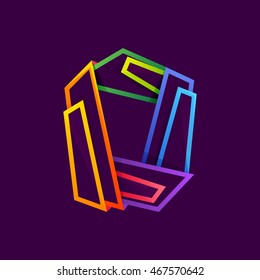 Letter O logo formed by colorful neon lines. Multicolored vector design for presentation, web page, app icon, card, labels or posters.