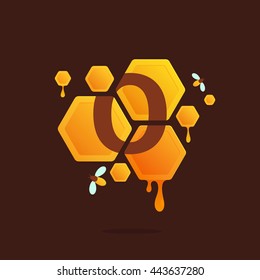 Letter O logo in Honeycomb with flowing honey. Colorful vector design for banner, presentation, web page, app icon, card, labels or posters.