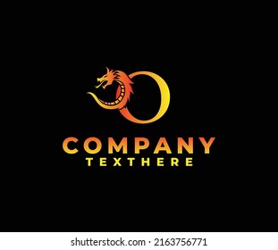 letter O logo icon with dragon design vector-fire color black background