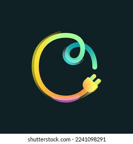 Letter O logo made of curved vivid gradient line with plug icon and rainbow shine. Overlapping multicolor emblem. Ideal for colorful electric app, eco-friendly charge design, technology advertising.