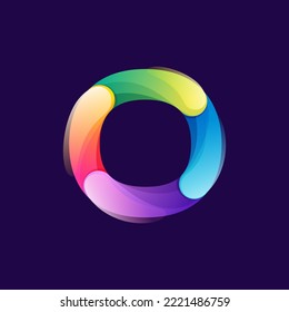 Letter O logo made of overlapping colorful lines. Rainbow vivid gradient modern icon. Vector one line typeface for tech branding design, nightlife labels, multimedia posters, futuristic identity etc.