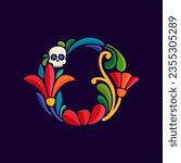 Letter O logo with Mexican colorful and ornate ethnic pattern. Traditional Aztec leaves and flowers embroidery ornament. Vector design template for folk Spanish food, holidays, carnival, and party.