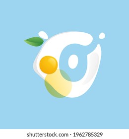 Letter O logo on a Fried Egg with green leaf and splashes. Negative space vector icon for farm company, ecology cafe, tasty poster, fast food restaurant.