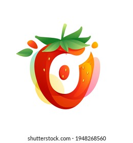 Letter O logo on a tasty ripe Strawberry with green leaves and juice splashes. Vector negative space icon for fresh farm organic company, ecology magazine, exotic poster, summer menu cover.