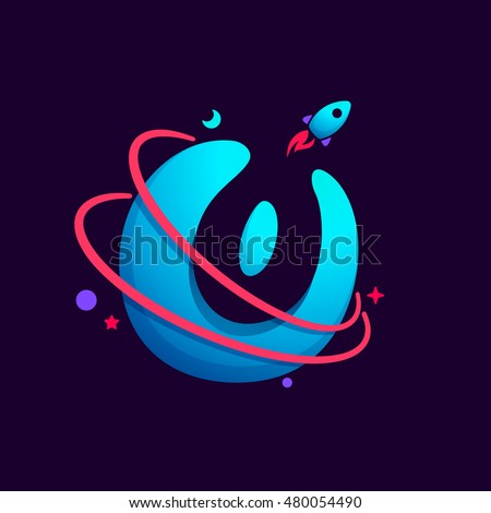 Letter O logo with planet, rocket and orbits lines. Bright vector design for science, biology, physics, chemistry company.