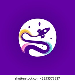 Letter O logo with rocket launch trail, planets, and stars. Negative space style icon. Vector typeface for science identity, planet travel app, chemistry posters, jet company, and biology advertising.