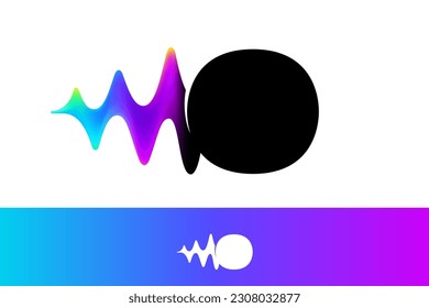 Letter O logo with sound wave flow. Vibrant line glitch effect. Multicolor neon gradient icon. Vector font for audio label, multimedia company advertising, DJ posters, game screens, music identity.