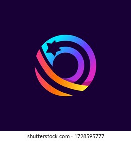 Letter O logo with star inside. Vector parallel lines icon. Perfect font for multicolor labels, space print, nightlife posters etc.