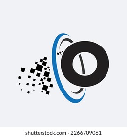 letter O logo symbol in the colorful circle with shattered blocks on white background. Pixel Motion. Template for your design