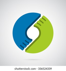 Letter O logo template. Blue and green hand forming a circle. Creative symbol for company identity, advertising, poster, leaflet, banner, web and flyer.