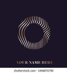 Letter O logo.Typographic icon.Lettering sign in shiny golden metallic color isolated on dark background.Thin, wavy lines.Alphabet initial.Modern, beauty, luxury, boutique style.Decorative circle.