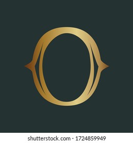 Letter O logo.Typographic icon.Metallic gold lettering sign isolated on dark background.Elegant, luxury, beauty style character shape for branding.