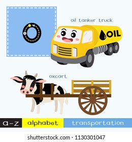 Letter O lowercase children colorful transportations ABC alphabet tracing flashcard for kids learning English vocabulary and handwriting Vector Illustration.