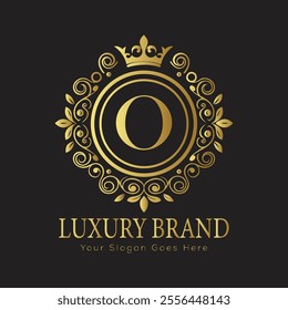 Letter O luxury gold logo concept brand logo design with a royal gold crown emblem and elegant typography
