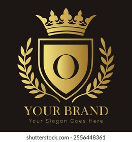 Letter O luxury gold logo concept brand logo design with a royal gold crown emblem and elegant typography
