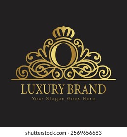 Letter O luxury gold logo concept brand logo design with a royal gold crown emblem and elegant typography
