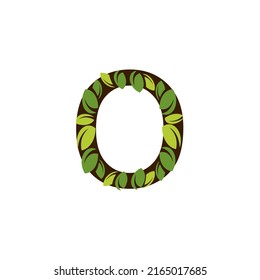 Letter O made from green leaves on a white background. Isolated tree in the shape of the letter O with green leaves vector illustration