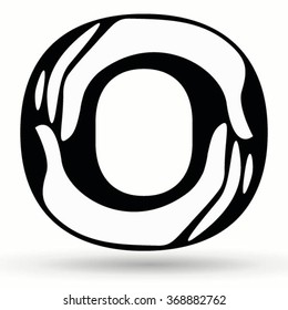 Letter O made from hands. Hand drawn painted .Black and white alphabet font. ABC design concept .Vector calligraphy illustration. For scrap booking, posters, textiles .Isolated on white background.