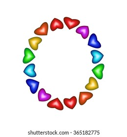 Letter O made of multicolored hearts on white background