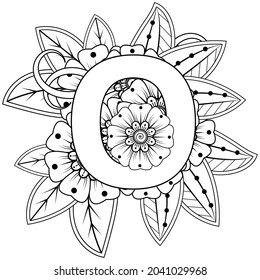 Letter O with Mehndi flower. decorative ornament in ethnic oriental style. coloring book page. 