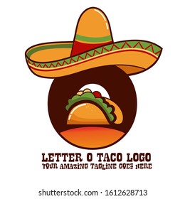 Letter O Mexican Meat Taco Dishes with Sombrero Hat Vector Logo Design Illustration Food on White Background for Restaurant and Cafe. Initial Typography Logotype Template