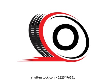 Letter O monogram alphabet With a Sport Car Automotive Car Repair Logo Design Concept With Transport Tire Icon Vector Template.