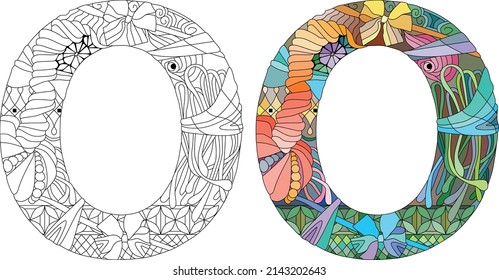 Letter O monogram for coloring, engraving design. Vector illustration. Color and outline set