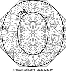 Letter O monogram, engraving design on mandala for coloring. Vector illustration.