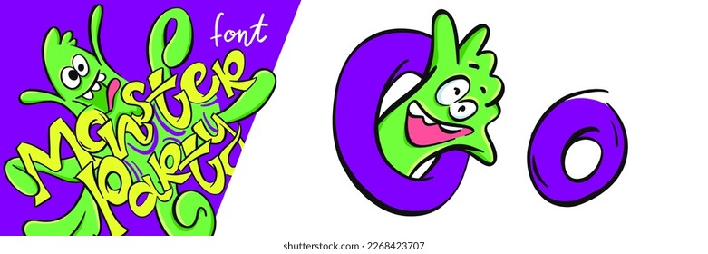 Letter O from the Monster party alphabet font. Large and small cartoon style letters set with cute monsters behind them for children, kindergarten, school, education, home party decor illustration