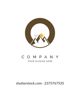 letter O with mountain logo inspiration, alphabet O with mountains, peaks, sun and birds concept design logo vector line pattern