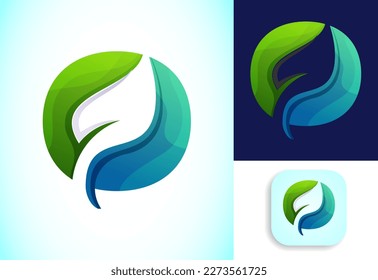 Letter O with negative space leaf logo vector template. Gradient logo design