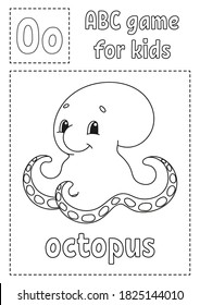La letra O es para el pulpo. Juego ABC para los niños. Página de coloreado alfabético. Caricatura. Palabra y letra. Ilustración vectorial.
