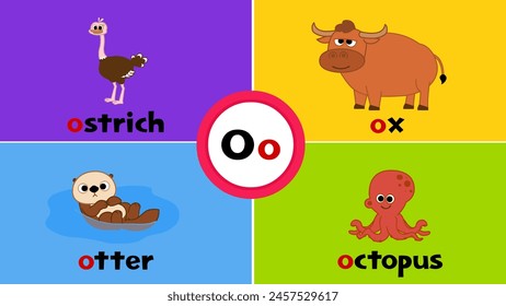 Letter O o, ostrich, otter, ox, octopus, Flashcard, Alphabet, Kids, Learning, Teaching, Vocabulary
