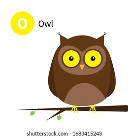 Letter O. Owl. Zoo animal alphabet. English abc with cute cartoon kawaii funny baby bird animals. Education cards for kids. Isolated. White background. Flat design. Vector illustration