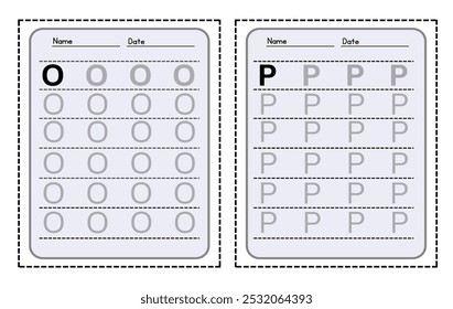 Letter O and P. trace uppercase abc alphabet worksheet for kids English vocabulary. Handwriting tracing practice vector illustration