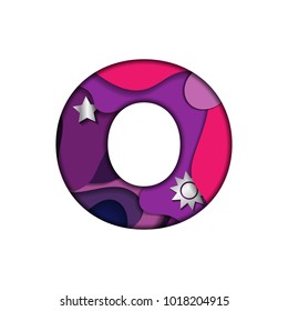 Letter O in paper cut style. Realistic cosmic papercut design of alphabet symbol on white background. Colorful multi layers 3D effect. Font element for festive or greeting card. Vector illustration.